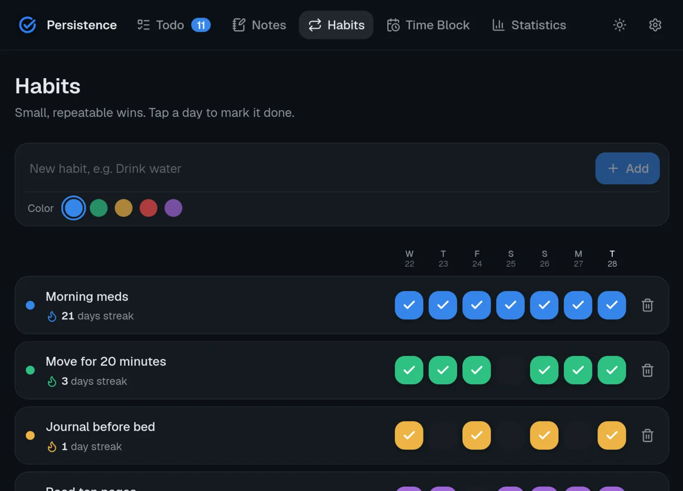Habit tracker showing daily check-ins and streaks