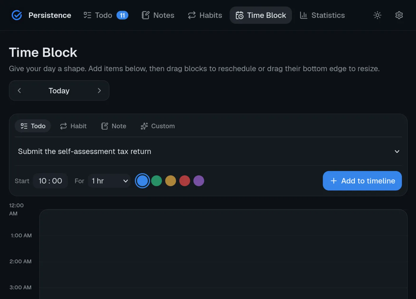 Day planned as draggable blocks on a timeline
